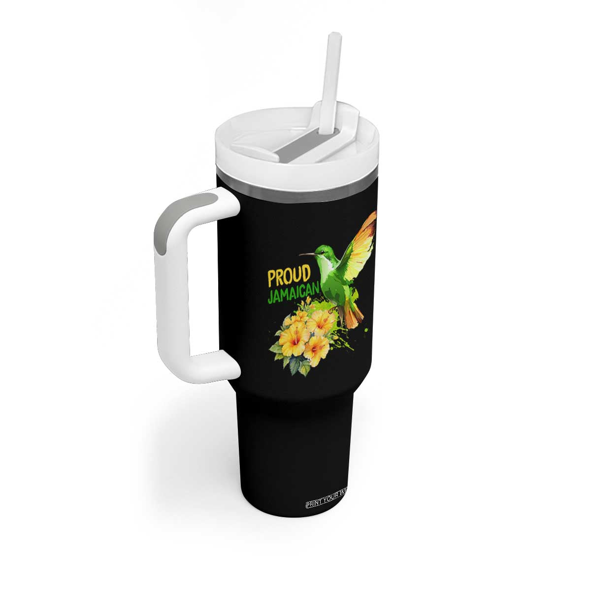 Proud Jamaican Tumbler With Handle Jamaica Flag Hummingbird Hibiscus TS11 Print Your Wear