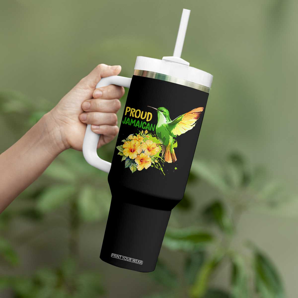 Proud Jamaican Tumbler With Handle Jamaica Flag Hummingbird Hibiscus TS11 Print Your Wear