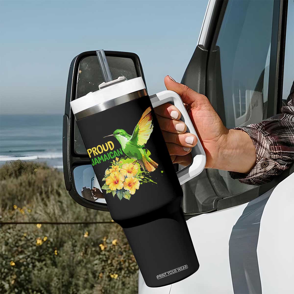 Proud Jamaican Tumbler With Handle Jamaica Flag Hummingbird Hibiscus TS11 Print Your Wear