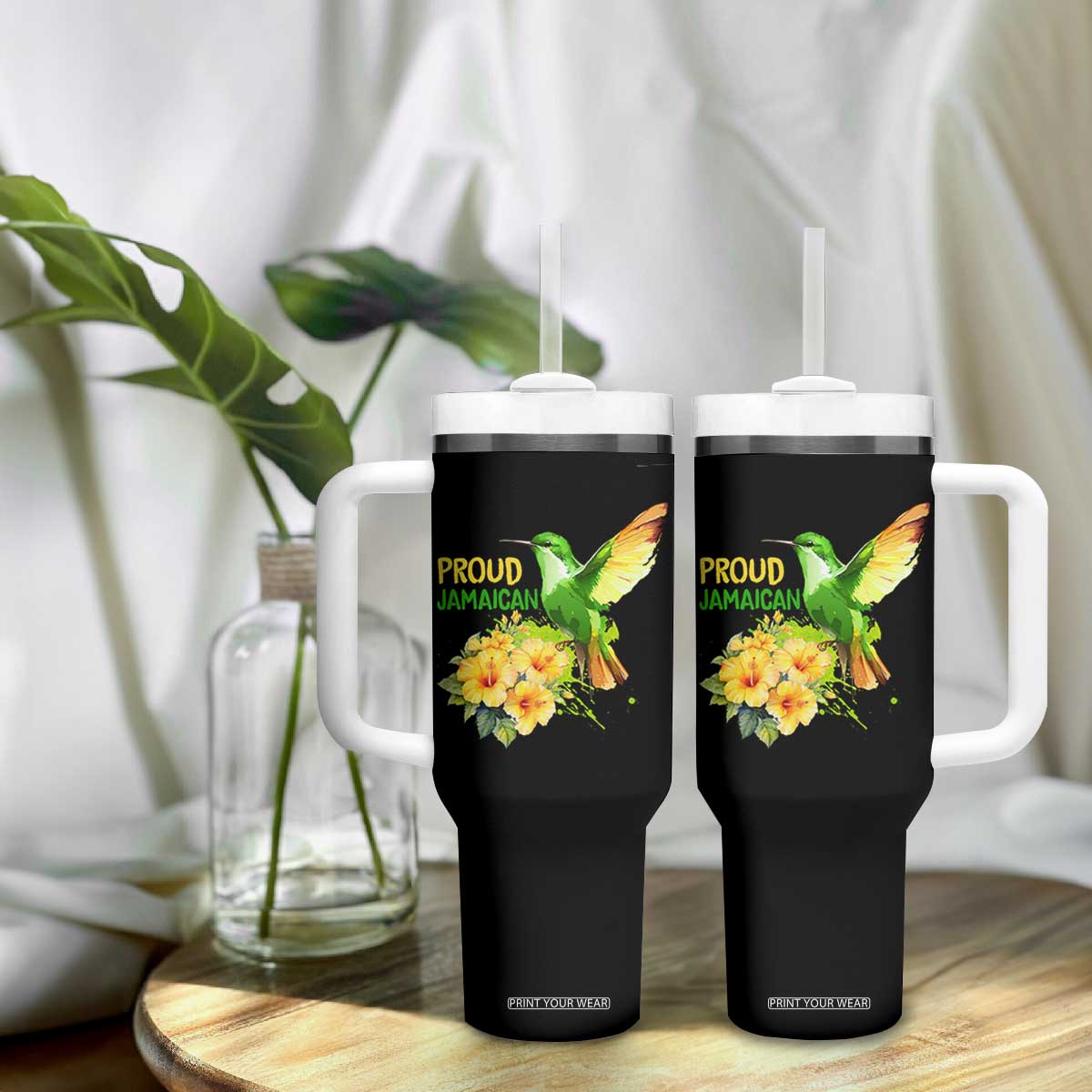 Proud Jamaican Tumbler With Handle Jamaica Flag Hummingbird Hibiscus TS11 Print Your Wear