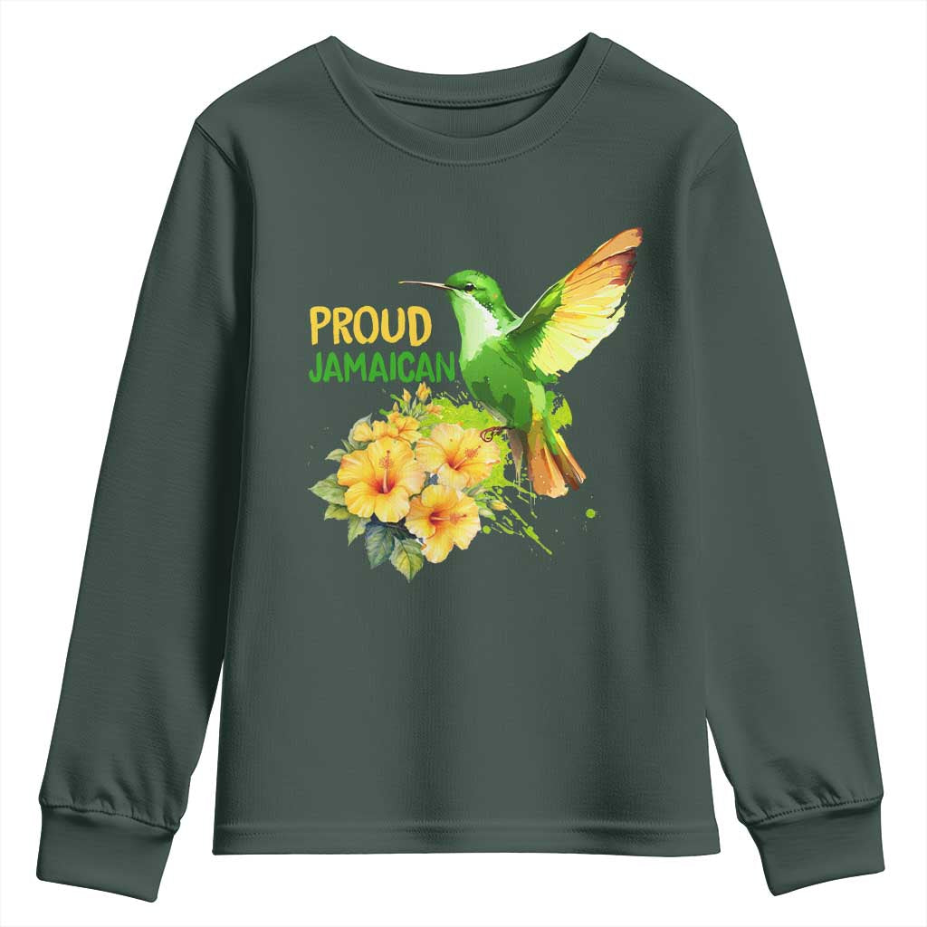 Proud Jamaican Youth Sweatshirt Jamaica Flag Hummingbird Hibiscus TS11 Dark Forest Green Print Your Wear