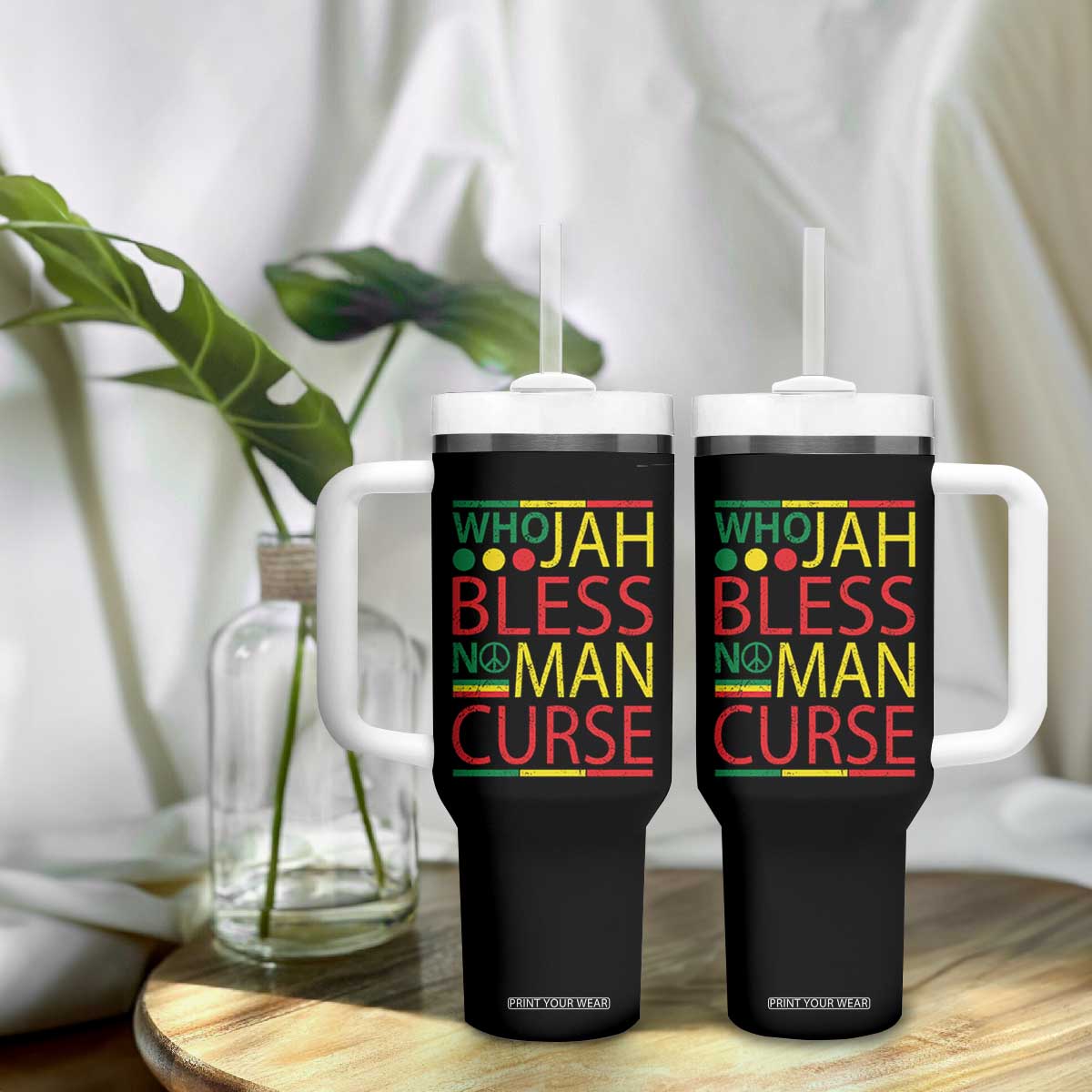 Who Jah Bless No Man Curse Tumbler With Handle Jamaica Flag Rasta Reggae Roots TS11 Print Your Wear