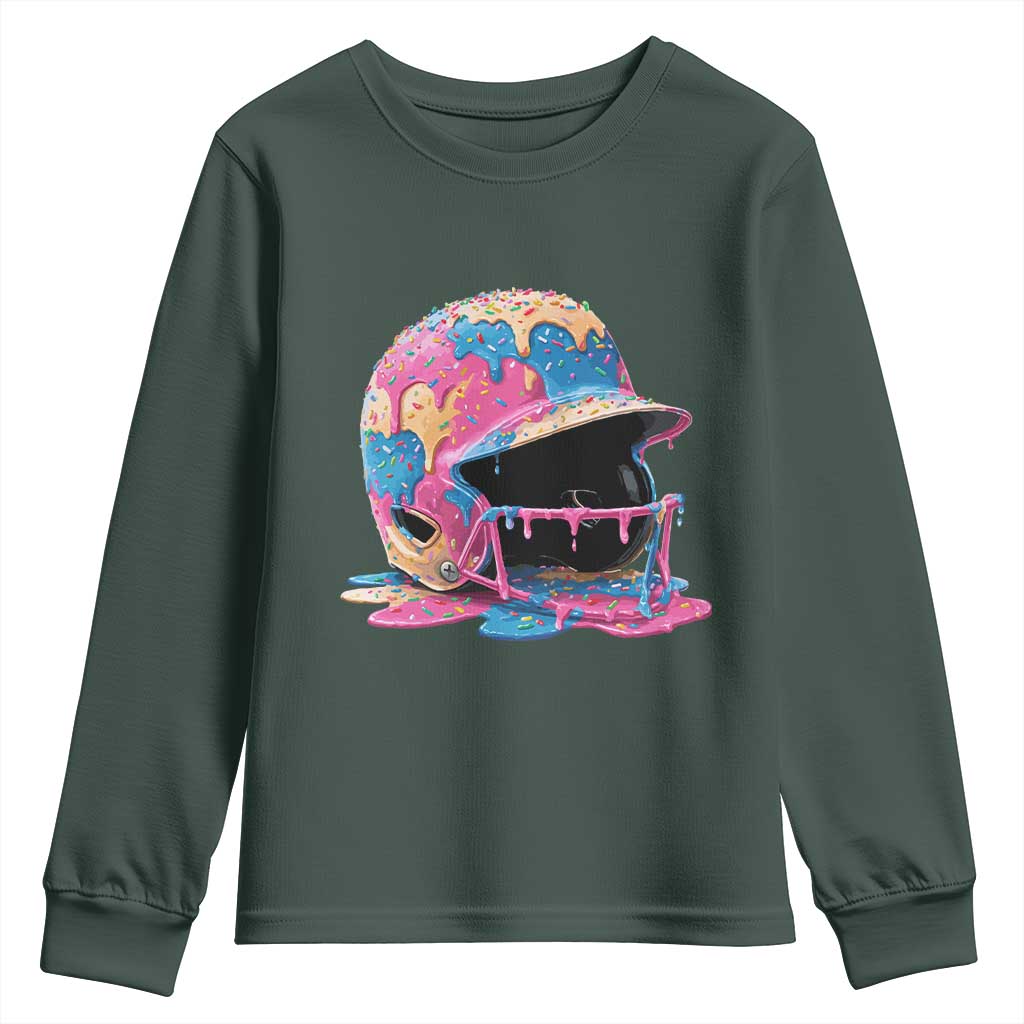 Funny Baseball Helmet Ice Cream Baseball Drip Youth Sweatshirt TS11 Dark Forest Green Print Your Wear