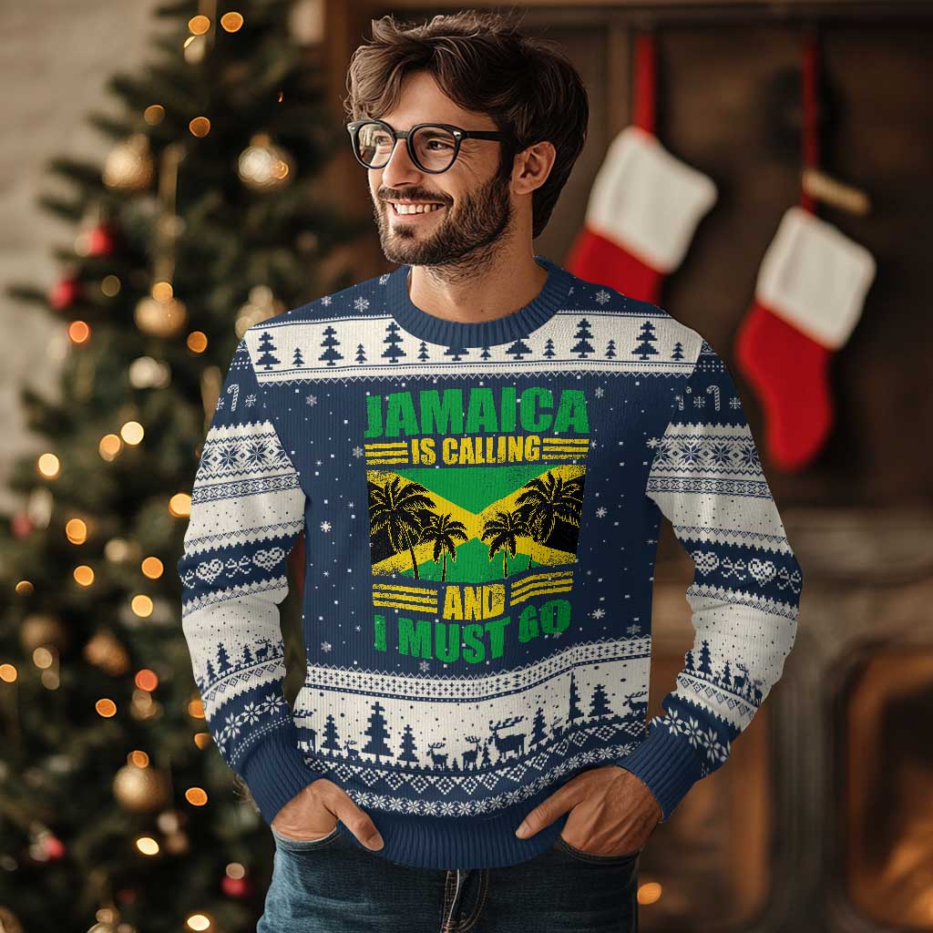 Funny Jamaica Is Calling And I Must Go Ugly Christmas Sweater Jamaican Flag Travel TS11 Navy Beige Print Your Wear