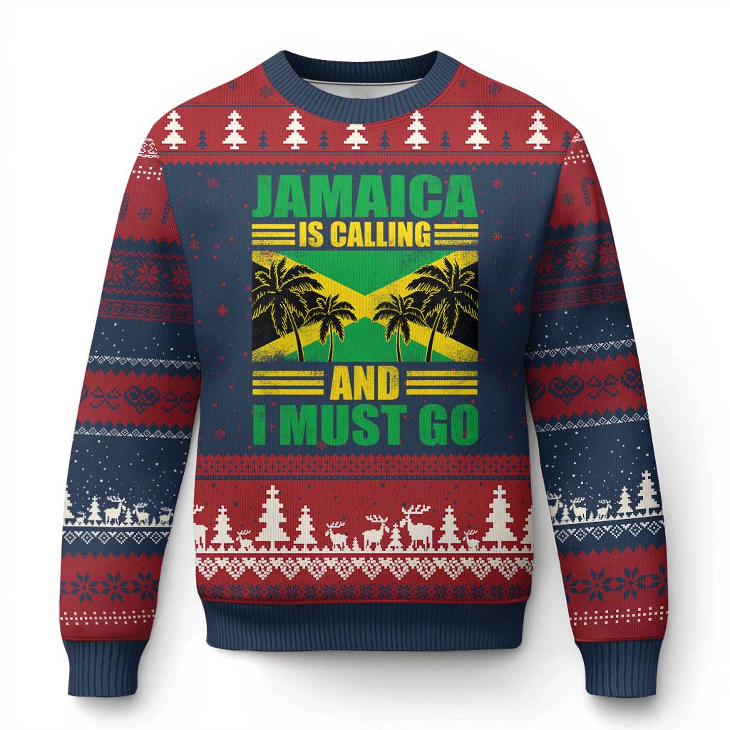 Funny Jamaica Is Calling And I Must Go Ugly Christmas Sweater Jamaican Flag Travel TS11 Navy Red Print Your Wear