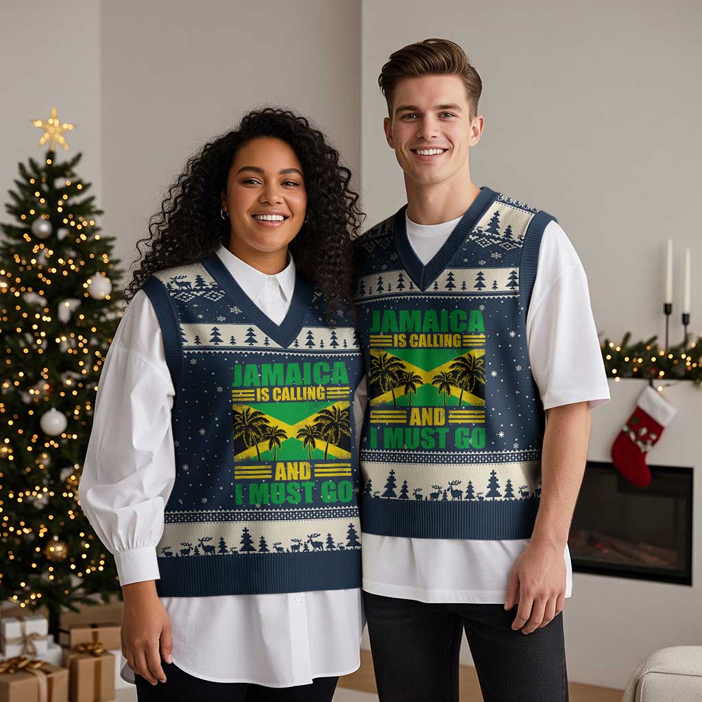 Funny Jamaica Is Calling And I Must Go V-Neck Knit Sweater Vest Jamaican Flag Travel TS11 Navy Beige Print Your Wear