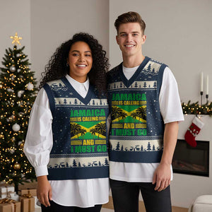 Funny Jamaica Is Calling And I Must Go V-Neck Knit Sweater Vest Jamaican Flag Travel TS11 Navy Beige Print Your Wear