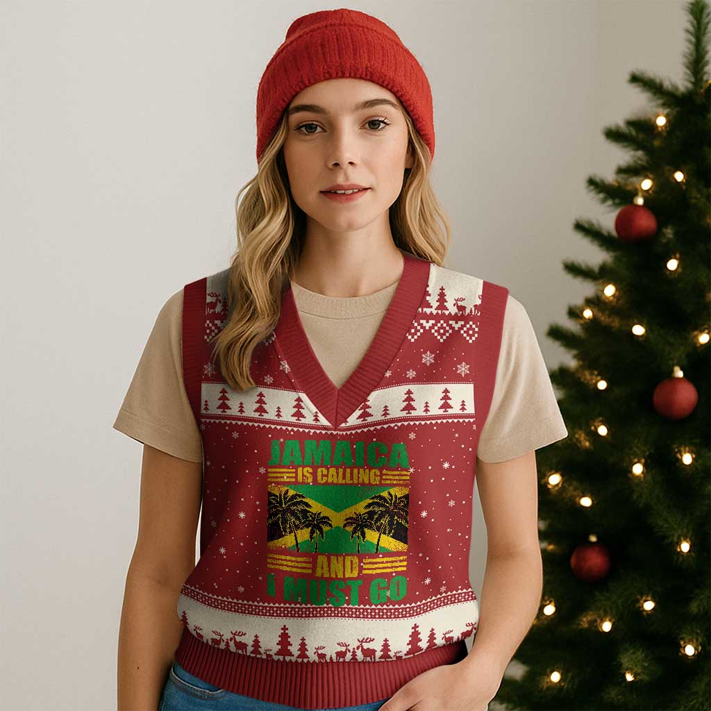 Funny Jamaica Is Calling And I Must Go V-Neck Knit Sweater Vest Jamaican Flag Travel TS11 Red Beige Print Your Wear