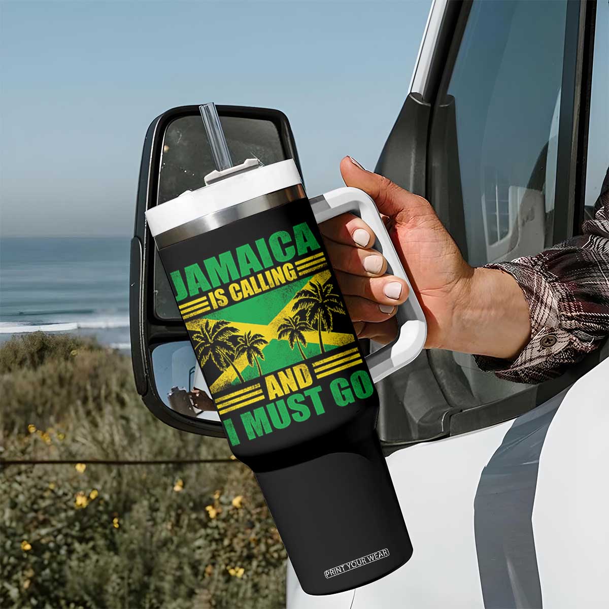Funny Jamaica Is Calling And I Must Go Tumbler With Handle Jamaican Flag Travel TS11 Print Your Wear