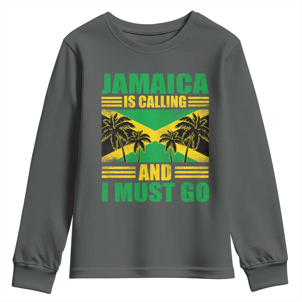 Funny Jamaica Is Calling And I Must Go Youth Sweatshirt Jamaican Flag Travel TS11 Dark Heather Print Your Wear