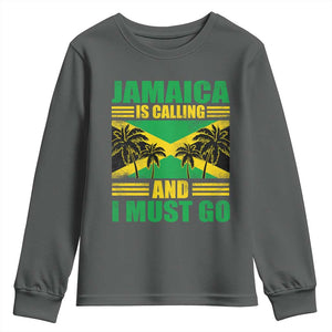 Funny Jamaica Is Calling And I Must Go Youth Sweatshirt Jamaican Flag Travel TS11 Dark Heather Print Your Wear