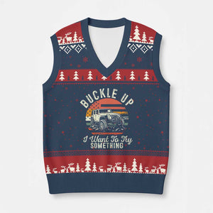 Funny Buckle Up I Want To Try Something V-Neck Knit Sweater Vest Offroad Car American Flag - Print Your Wear
