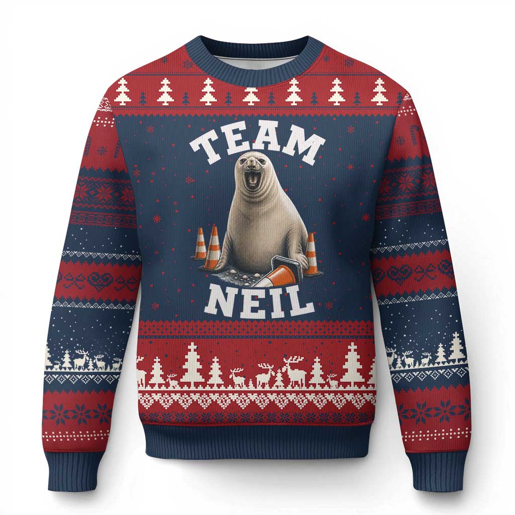 Team Neil The Seal Ugly Christmas Sweater Funny Tasmania Elephant Seal with Traffic Cone TS11 Navy Red Print Your Wear