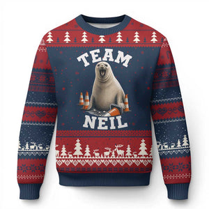 Team Neil The Seal Ugly Christmas Sweater Funny Tasmania Elephant Seal with Traffic Cone TS11 Navy Red Print Your Wear