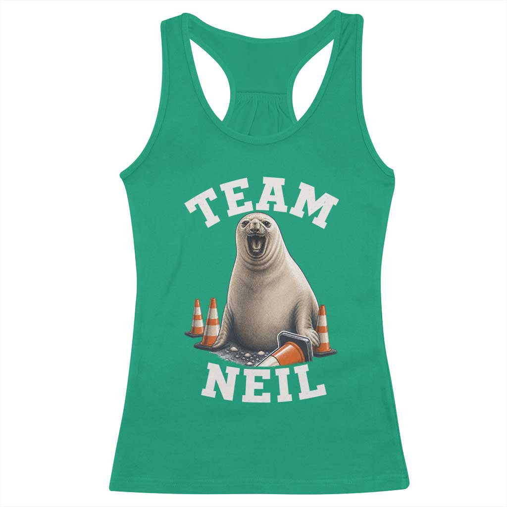 Team Neil The Seal Racerback Tank Top Funny Tasmania Elephant Seal with Traffic Cone TS11 Irish Green Print Your Wear