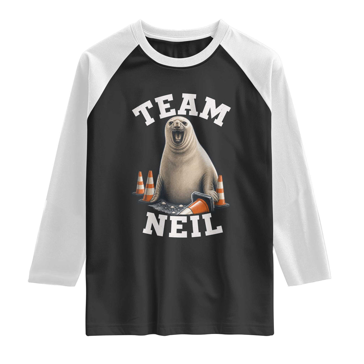 Team Neil The Seal Raglan Shirt Funny Tasmania Elephant Seal with Traffic Cone TS11 Black White Print Your Wear