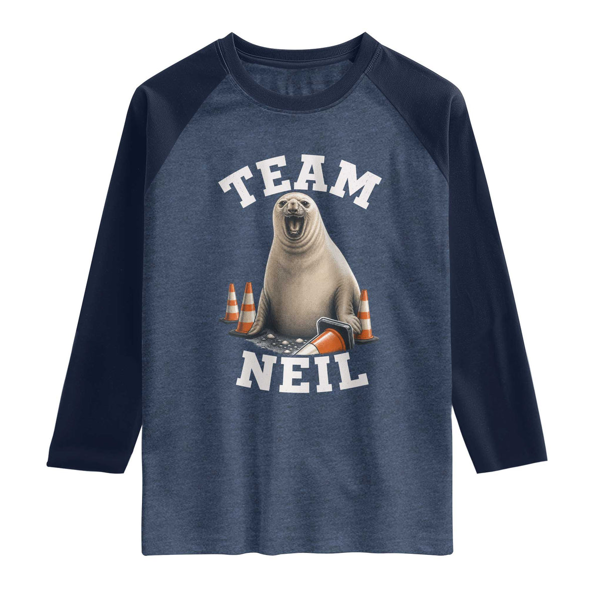 Team Neil The Seal Raglan Shirt Funny Tasmania Elephant Seal with Traffic Cone TS11 Heather Denim Navy Print Your Wear
