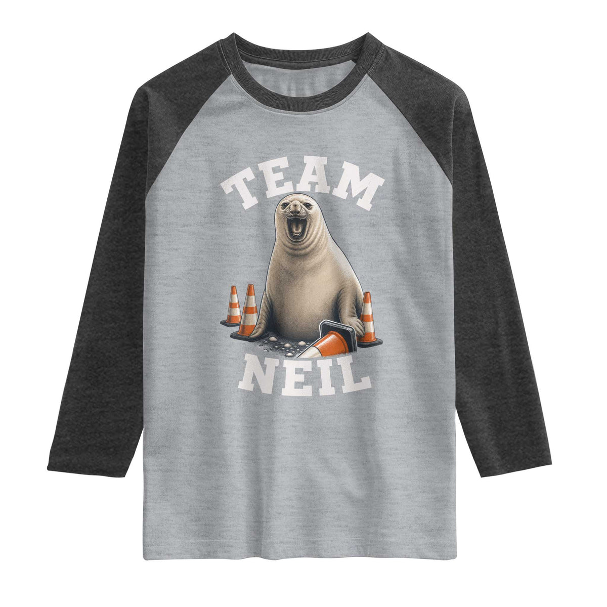 Team Neil The Seal Raglan Shirt Funny Tasmania Elephant Seal with Traffic Cone TS11 Heather Gray Heather Charcoal Print Your Wear