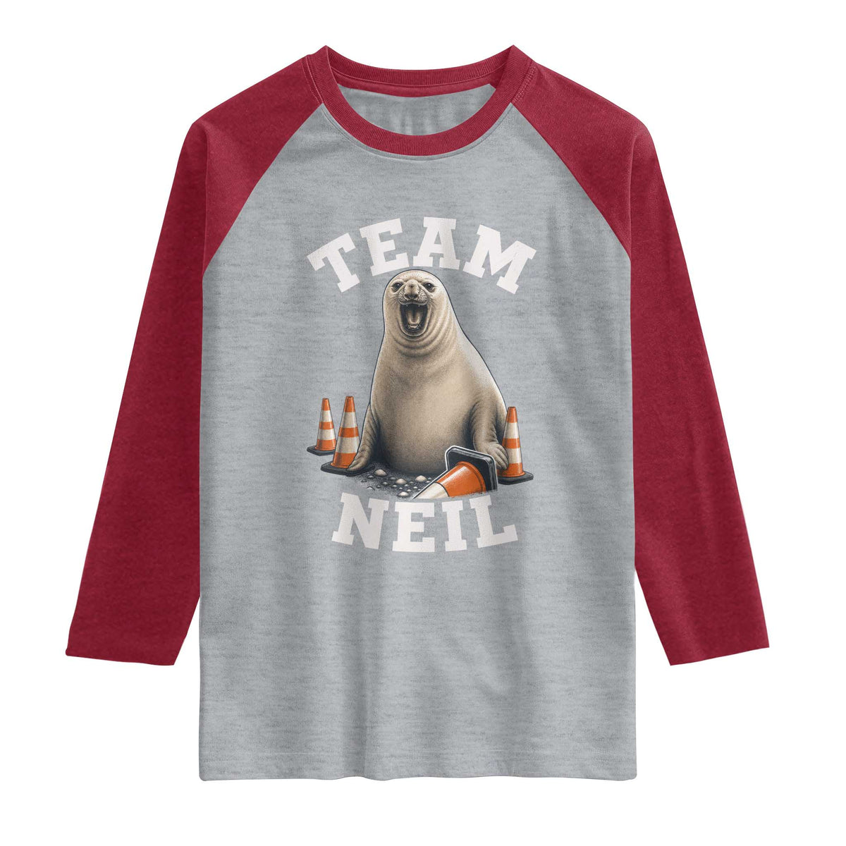 Team Neil The Seal Raglan Shirt Funny Tasmania Elephant Seal with Traffic Cone TS11 Heather Gray Heather Red Print Your Wear