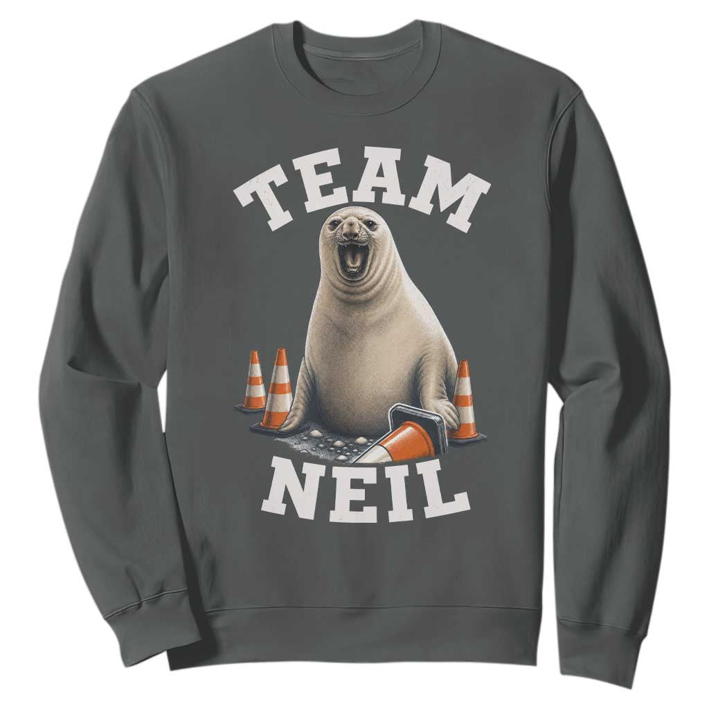 Team Neil The Seal Sweatshirt Funny Tasmania Elephant Seal with Traffic Cone TS11 Dark Heather Print Your Wear