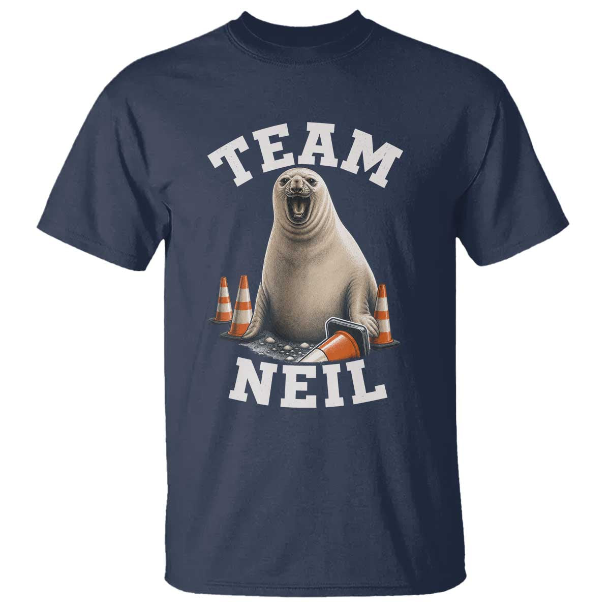Team Neil The Seal T Shirt Funny Tasmania Elephant Seal with Traffic Cone TS11 Navy Print Your Wear