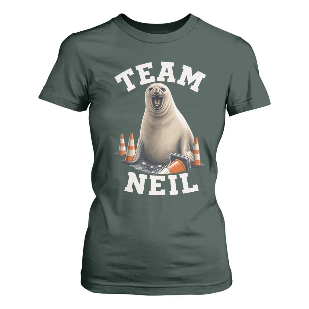 Team Neil The Seal T Shirt For Women Funny Tasmania Elephant Seal with Traffic Cone TS11 Dark Forest Green Print Your Wear