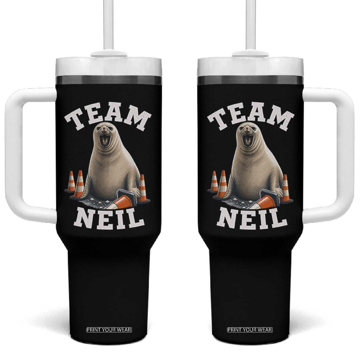 Team Neil The Seal Tumbler With Handle Funny Tasmania Elephant Seal with Traffic Cone TS11 One Size: 40 oz Black Print Your Wear