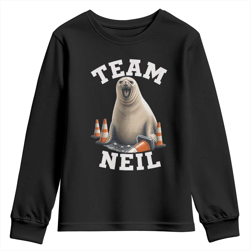 Team Neil The Seal Youth Sweatshirt Funny Tasmania Elephant Seal with Traffic Cone TS11 Black Print Your Wear
