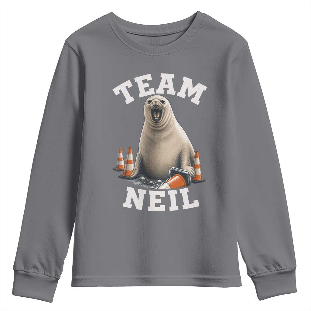 Team Neil The Seal Youth Sweatshirt Funny Tasmania Elephant Seal with Traffic Cone TS11 Charcoal Print Your Wear