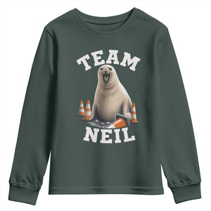 Team Neil The Seal Youth Sweatshirt Funny Tasmania Elephant Seal with Traffic Cone TS11 Dark Forest Green Print Your Wear