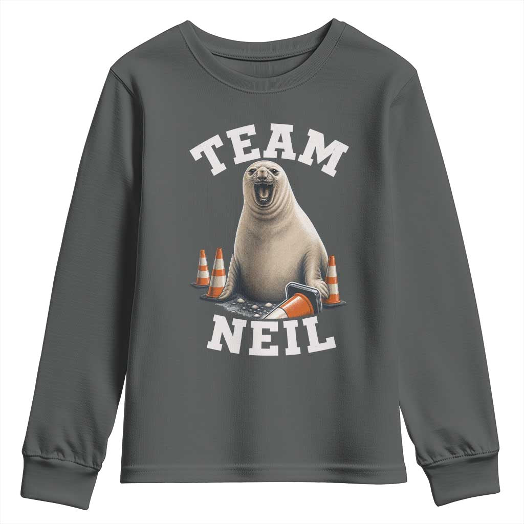 Team Neil The Seal Youth Sweatshirt Funny Tasmania Elephant Seal with Traffic Cone TS11 Dark Heather Print Your Wear