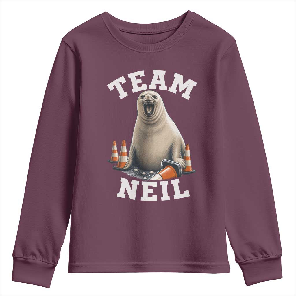 Team Neil The Seal Youth Sweatshirt Funny Tasmania Elephant Seal with Traffic Cone TS11 Maroon Print Your Wear