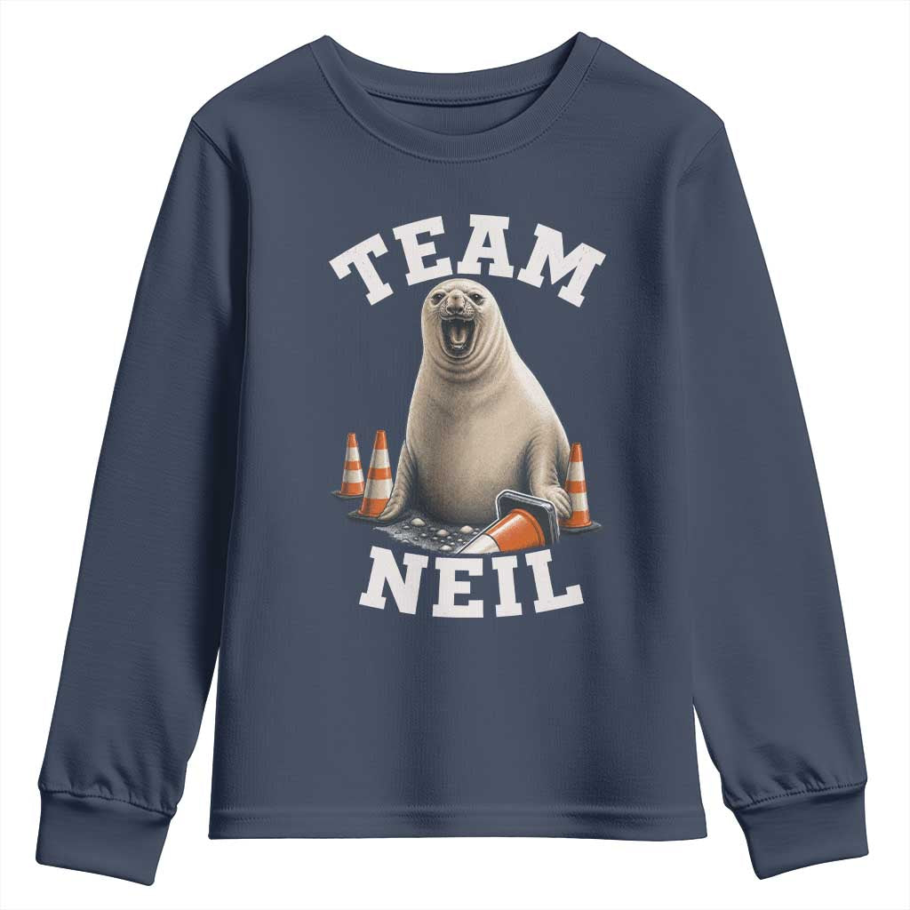 Team Neil The Seal Youth Sweatshirt Funny Tasmania Elephant Seal with Traffic Cone TS11 Navy Print Your Wear