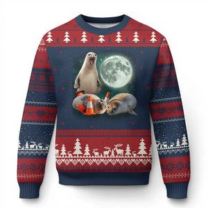 Funny Neil The Seal Howling at Moon 90s Retro Ugly Christmas Sweater TS11 Navy Red Print Your Wear