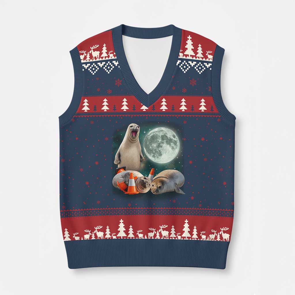 Funny Neil The Seal Howling at Moon 90s Retro V-Neck Knit Sweater Vest TS11 Navy Red Print Your Wear