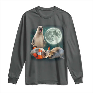 Funny Neil The Seal Howling at Moon 90s Retro Long Sleeve Shirt TS11 Dark Heather Print Your Wear