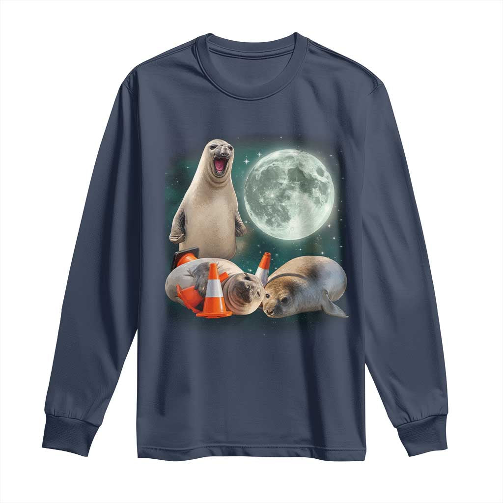 Funny Neil The Seal Howling at Moon 90s Retro Long Sleeve Shirt TS11 Navy Print Your Wear