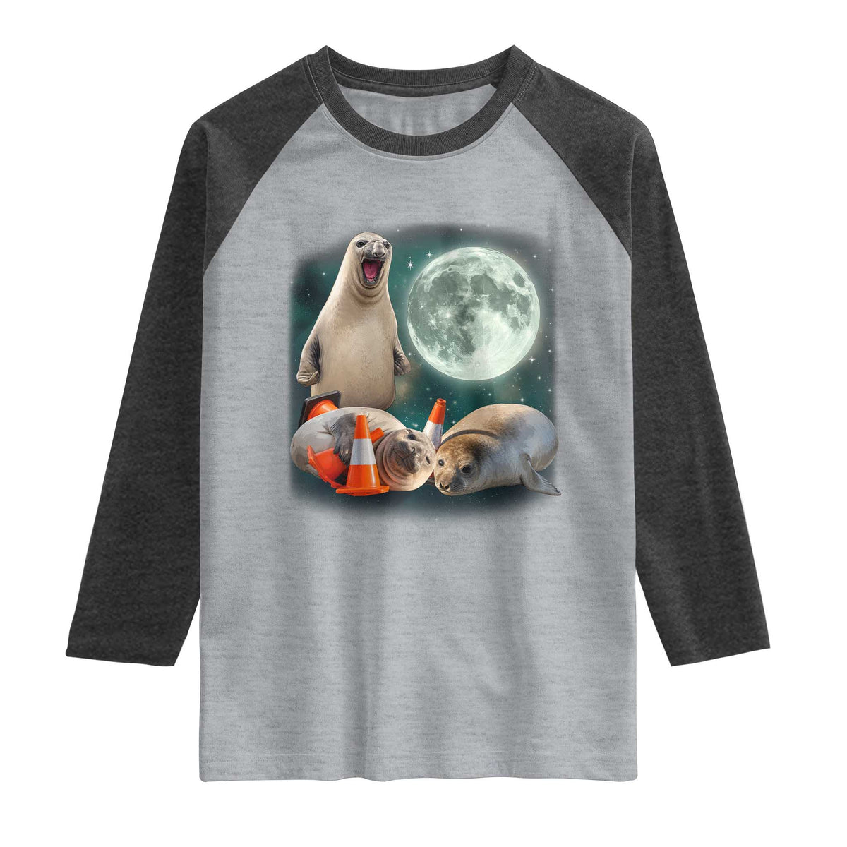 Funny Neil The Seal Howling at Moon 90s Retro Raglan Shirt TS11 Heather Gray Heather Charcoal Print Your Wear