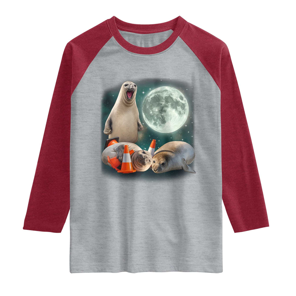Funny Neil The Seal Howling at Moon 90s Retro Raglan Shirt TS11 Heather Gray Heather Red Print Your Wear