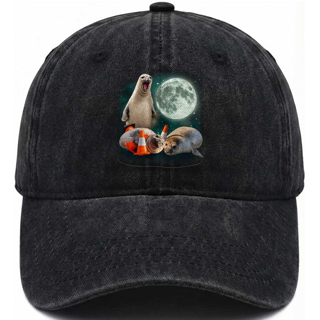 Funny Neil The Seal Howling at Moon 90s Retro Washed Cotton Baseball Cap TS11 Print Your Wear