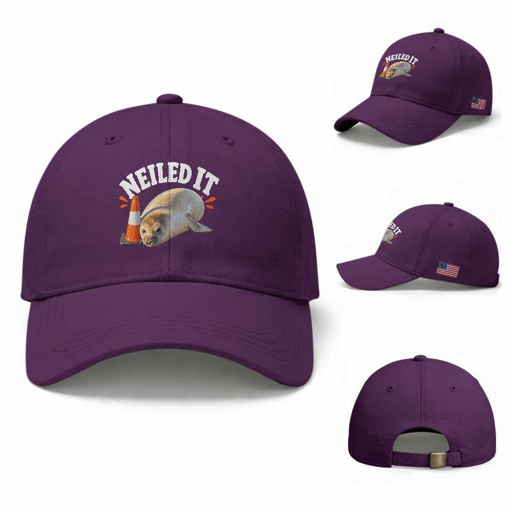 Neil The Seal Nailed It Baseball Cap Funny Tasmania Elephant Seal Traffic Cone Meme Art TS11 Baseball Cap Universal Fit Purple Print Your Wear