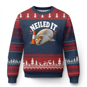 Neil The Seal Nailed It Ugly Christmas Sweater Funny Tasmania Elephant Seal Traffic Cone Meme Art TS11 Navy Red Print Your Wear