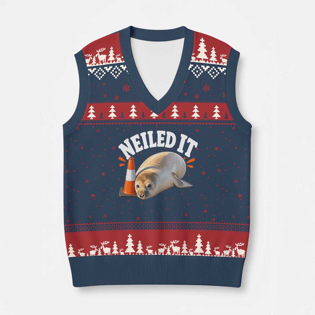 Neil The Seal Nailed It V-Neck Knit Sweater Vest Funny Tasmania Elephant Seal Traffic Cone Meme Art TS11 Navy Red Print Your Wear