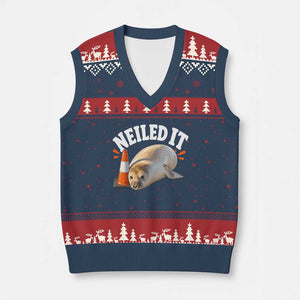 Neil The Seal Nailed It V-Neck Knit Sweater Vest Funny Tasmania Elephant Seal Traffic Cone Meme Art TS11 Navy Red Print Your Wear