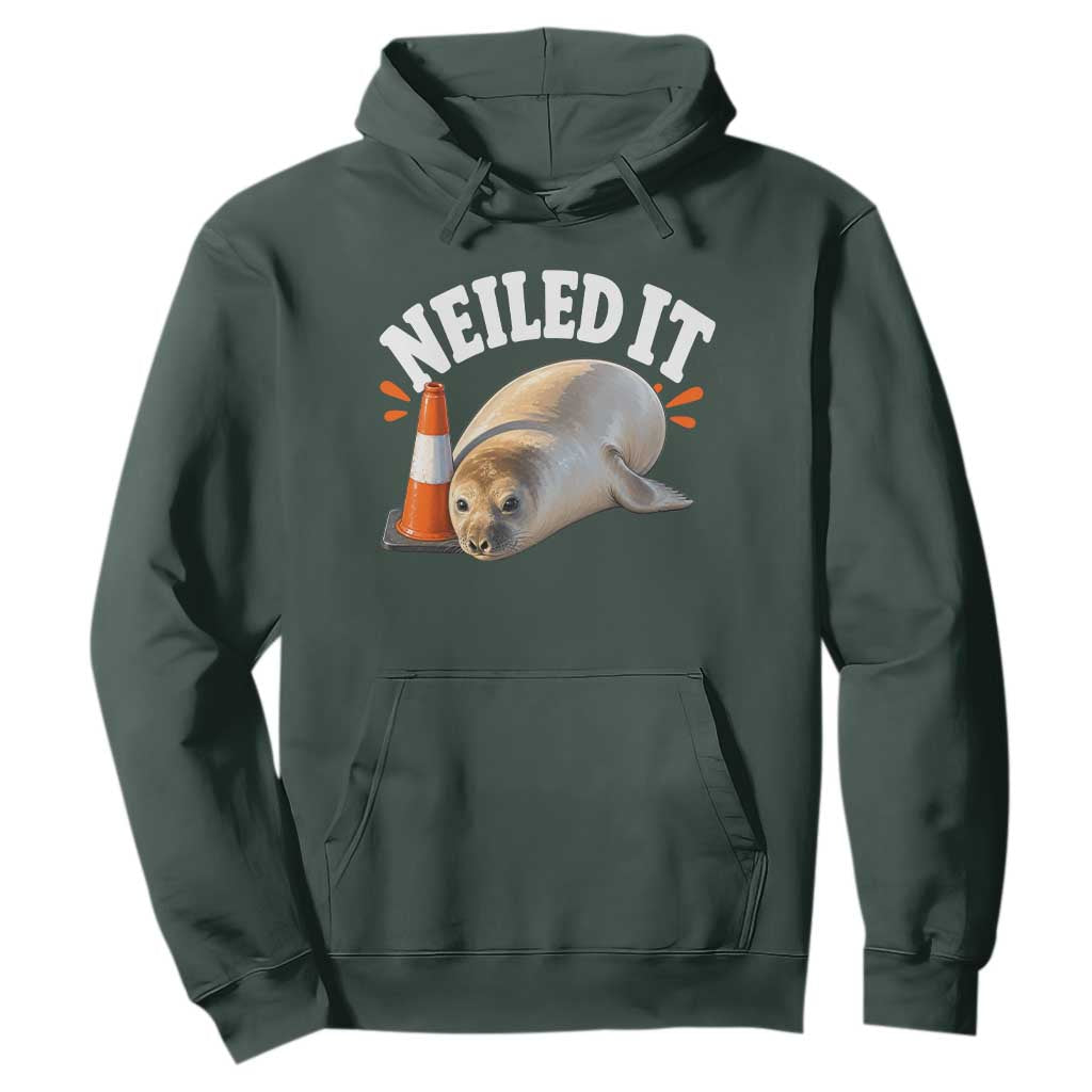 Neil The Seal Nailed It Hoodie Funny Tasmania Elephant Seal Traffic Cone Meme Art TS11 Dark Forest Green Print Your Wear