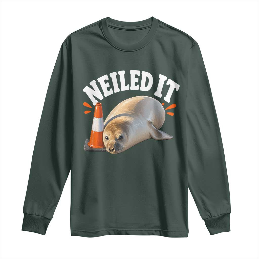 Neil The Seal Nailed It Long Sleeve Shirt Funny Tasmania Elephant Seal Traffic Cone Meme Art TS11 Dark Forest Green Print Your Wear