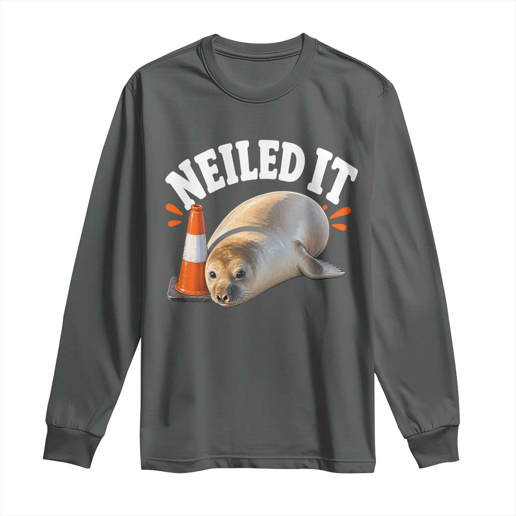 Neil The Seal Nailed It Long Sleeve Shirt Funny Tasmania Elephant Seal Traffic Cone Meme Art TS11 Dark Heather Print Your Wear