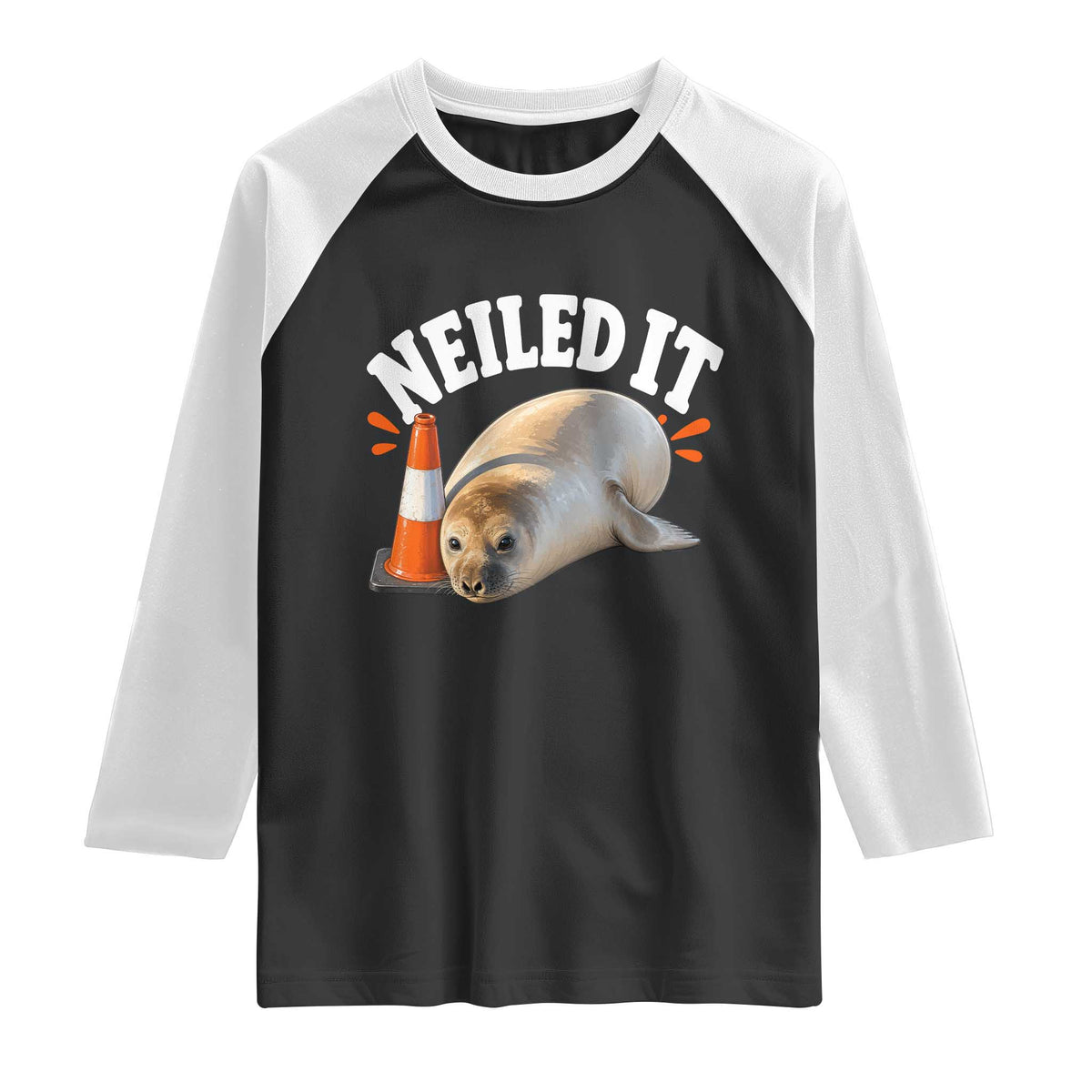Neil The Seal Nailed It Raglan Shirt Funny Tasmania Elephant Seal Traffic Cone Meme Art TS11 Black White Print Your Wear