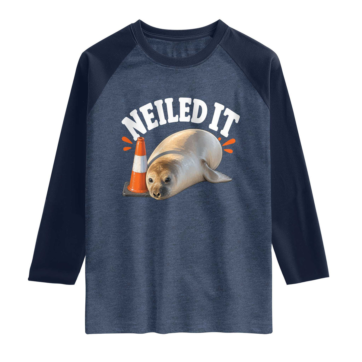 Neil The Seal Nailed It Raglan Shirt Funny Tasmania Elephant Seal Traffic Cone Meme Art TS11 Heather Denim Navy Print Your Wear