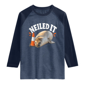 Neil The Seal Nailed It Raglan Shirt Funny Tasmania Elephant Seal Traffic Cone Meme Art TS11 Heather Denim Navy Print Your Wear